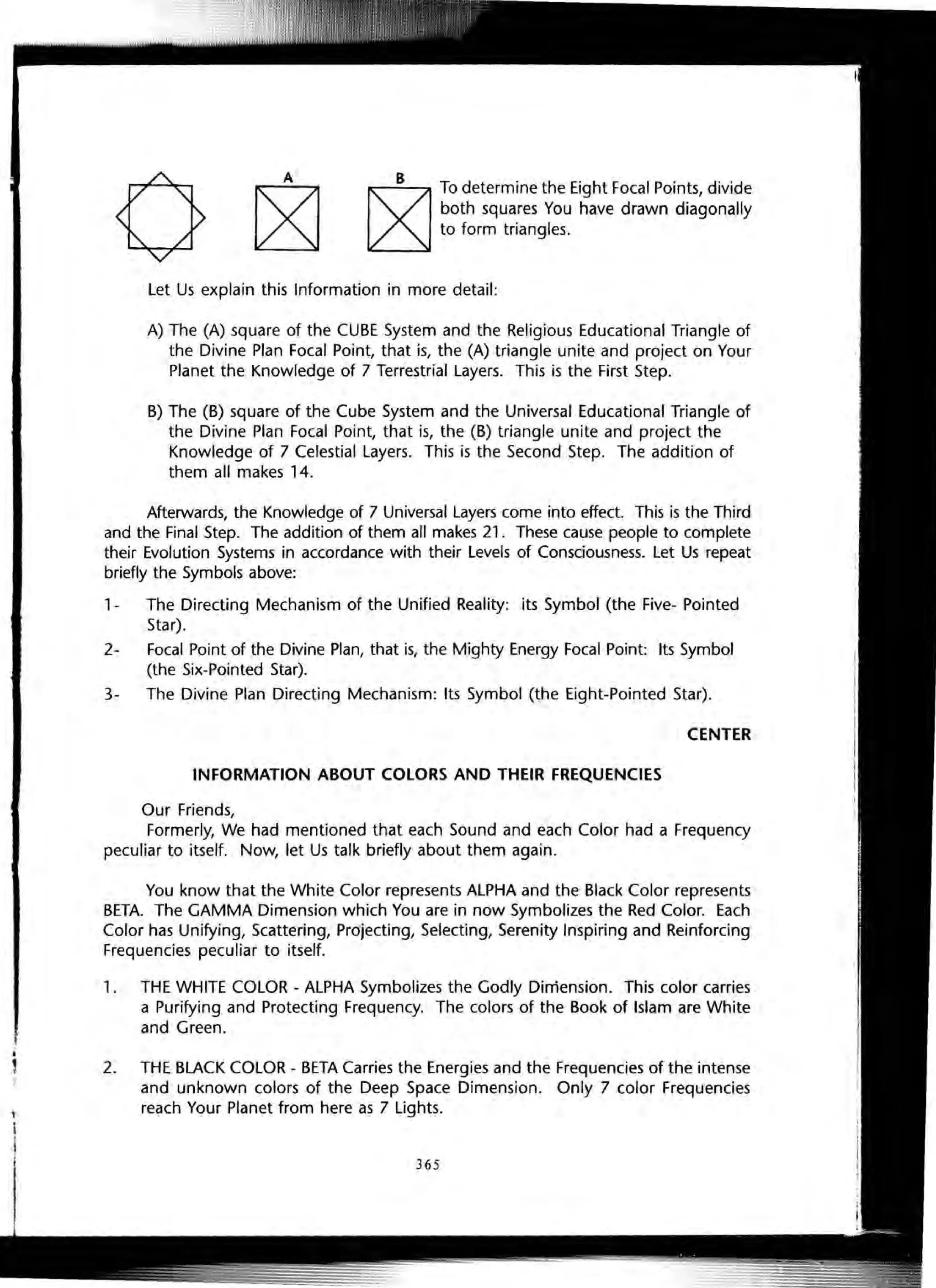 ~
B To determine the Eight Focal Points, divide
both squares You have drawn diagonally
to form triangles.
Let Us explain this Information in more detail:
A) The (A) square of the CUBE System and the Religious Educational Triangle of
the Divine Plan Focal Point, that is, the (A) triangle unite and project on Your
Planet the Knowledge of 7 Terrestrial Layers. This is the First Step.
B) The (B) square of the Cube System and the Universal Educational Triangle of
the Divine Plan Focal Point, that is, the (B) triangle unite and project the
Knowledge of 7 Celestial Layers. This is the Second Step. The addition of
them all makes 14.
Afterwards, the Knowledge of 7 Universal Layers come into effect. This is the Third
and the Final Step. The addition of them all makes 21. These cause people to complete
their Evolution Systems in accordance with their Levels of Consciousness. Let Us repeat
briefly the Symbols above:
1- The Directing Mechanism of the Unified Reality: its Symbol (the Five- Pointed
Star).
2- Focal Point of the Divine Plan, that is, the Mighty Energy Focal Point: Its Symbol
(the Six-Pointed Star).
3- The Divine Plan Directing Mechanism: Its Symbol (the Eight-Pointed Star).
CENTER
INFORMATION ABOUT COLORS AND THEIR FREQUENCIES
Our Friends,
Formerly, We had mentioned that each Sound and each Color had a Frequency
peculiar to itself. Now, let Us talk briefly about them again.
You know that the White Color represents ALPHA and the Black Color represents
BETA. The GAMMA Dimension which You are in now Symbolizes the Red Color. Each
Color has Unifying, Scattering, Projecting, Selecting, Serenity Inspiring and Reinforcing
Frequencies peculiar to itself.
1. THE WHITE COLOR - ALPHA Symbolizes the Godly Dimension. This color carries
a Purifying and Protecting Frequency. The colors of the Book of Islam are White
and Green.
2. THE BLACK COLOR - BETA Carries the Energies and the Frequencies of the intense
and unknown colors of the Deep Space Dimension. Only 7 color Frequencies
reach Your Planet from here as 7 Lights.
365
 