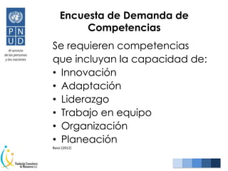 Encuesta de Demanda de
Competencias
Se requieren competencias
que incluyan la capacidad de:
• Innovación
• Adaptación
• Liderazgo
• Trabajo en equipo
• Organización
• Planeación
Bassi (2012)
 