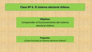 Clase Nº 6. El sistema electoral chileno.
Objetivo:
Comprender el funcionamiento del sistema
electoral chileno
Preguntas.
¿Cómo funciona el sistema electoral chileno?
 