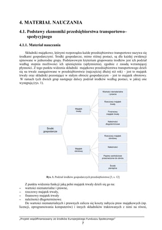 „Projekt współfinansowany ze środków Europejskiego Funduszu Społecznego”
7
4. MATERIAŁ NAUCZANIA
4.1. Podstawy ekonomiki przedsiębiorstwa transportowo–
spedycyjnego
4.1.1. Materiał nauczania
Składniki majątkowe, którymi rozporządza kaŜde przedsiębiorstwo transportowe nazywa się
środkami gospodarczymi. Środki gospodarcze, mimo róŜnej postaci, są dla kaŜdej ewidencji
ujmowane w jednorodne grupy. Podstawowym kryterium grupowania środków jest ich podział
według stopnia moŜliwości ich spienięŜenia (upłynnienia), zgodnie z zasadą wzrastającej
płynności. Z tego punktu widzenia składniki majątkowe przedsiębiorstwa transportowego dzieli
się na trwale zaangaŜowane w przedsiębiorstwie (najczęściej dłuŜej niŜ rok) – jest to majątek
trwały oraz składniki pozostające w stałym obrocie gospodarczym – jest to majątek obrotowy.
W ramach tych dwóch grup następuje dalszy podział środków według postaci, w jakiej one
występują (rys. 1).
Środki
gospodarcze
Majątek
obrotowy
Majątek
trwały
Rzeczowy majątek
trwały
Finansowy
majątek trwały
NaleŜności
długoterminowe
Wartości niematerialne
i prawne
Rzeczowy majątek
obrotowy
NaleŜności
Papiery wartościowe
przeznaczone do obrotu
Środki
pienięŜne
Rys. 1. Podział środków gospodarczych przedsiębiorstwa [3, s. 12]
Z punktu widzenia funkcji jaką pełni majątek trwały dzieli się go na:
−−−− wartości niematerialne i prawne,
−−−− rzeczowy majątek trwały,
−−−− finansowy majątek trwały
−−−− naleŜności długoterminowe.
Do wartości niematerialnych i prawnych zalicza się koszty nabycia praw majątkowych (np.
licencji, oprogramowania komputerów) i innych składników traktowanych z nimi na równi,
 