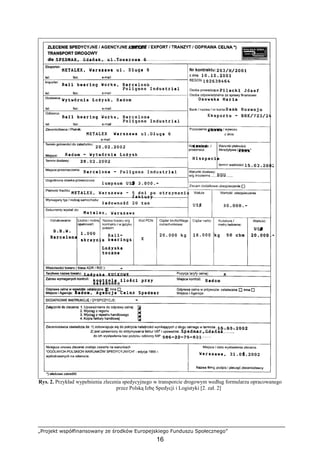 „Projekt współfinansowany ze środków Europejskiego Funduszu Społecznego”
16
Rys. 2. Przykład wypełnienia zlecenia spedycyjnego w transporcie drogowym według formularza opracowanego
przez Polską Izbę Spedycji i Logistyki [2. zał. 2]
 