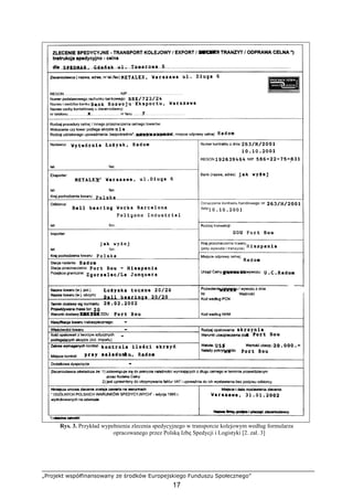 „Projekt współfinansowany ze środków Europejskiego Funduszu Społecznego”
17
Rys. 3. Przykład wypełnienia zlecenia spedycyjnego w transporcie kolejowym według formularza
opracowanego przez Polską Izbę Spedycji i Logistyki [2. zał. 3]
 