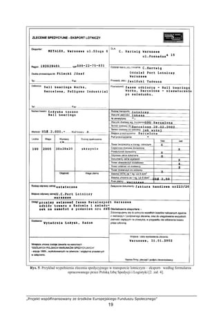„Projekt współfinansowany ze środków Europejskiego Funduszu Społecznego”
19
Rys. 5. Przykład wypełnienia zlecenia spedycyjnego w transporcie lotniczym – eksport- według formularza
opracowanego przez Polską Izbę Spedycji i Logistyki [2. zał. 4].
 