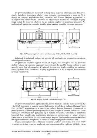 „Projekt współfinansowany ze środków Europejskiego Funduszu Społecznego”
30
Do przewozu ładunków masowych o duŜej masie usypowej takich jak ruda. kruszywo,
piasek, ładunków skupionych; dłuŜycy oraz pojazdów mechanicznych o masie do 36 t.
stosuje się wagony węglarko-platformy 4-osiowe serii Eamos. Wagony wyposaŜone są
w zdejmowalne ściany boczne i czołowe. Po zdjęciu ścian bocznych i czołowych wagony
mogą słuŜyć do przewozu dłuŜycy, zaś po zdjęciu słupków do przewozu pojazdów. Na
czołownicach wagon ma wsporniki umoŜliwiające przejazd pojazdów z wagonu na wagon.
Rys. 14. Wagony węglarki 4-osiowe serii Eamos, typ 401Z/1, 401Zb, 401Zc [1, s. 13]
Załadunek i rozładunek odbywa się ręcznie lub mechanicznie za pomocą czerpaków,
taśmociągów lub suwnic.
Do przewozu ładunków sypkich takich jak węgiel, ruda kruszywo, oraz do przewozu
drobnicy uŜywa się wagonów węglarek 2-osiowych serii Es (rys.15). Ściana czołowa w razie
potrzeby moŜe być zdejmowalna. W ścianach bocznych na środku znajdują się metalowe
dwuskrzydłowe drzwi ładunkowe. Wagony wyposaŜone są w 16 uchwytów do zaczepienia
opończy brezentowej.
Rys. 15. Wagony węglarki 2-osiowe serii Es [1, s. 37]
Do przewozu materiałów sypkich (piasku, Ŝwiru, tłucznia i ziemi) o masie usypowej 1,5
– 2,5 t/m3 stosowane są wagony samowyładowcze z przechylnym pudłem „Dumpcar" serii
Faa, typ 904V. wyposaŜone są w przechylne pudło z burtami bocznymi otwieranymi za
pomocą sześciu cylindrów pneumatycznych i układu dźwigni w ścianach czołowych. Dolne
krawędzie odchylnych burt połączone są z pudłem zawiasami. Otwieranie i zamykanie
bocznych burt umoŜliwiają mechanizmy dźwigniowe wmontowane w ściany czołowe
i połączone z uchami ścian bocznych oraz ostoją wagonu. Obrót pudła wymusza obrót burt
bocznych (otwieranie i zamykanie) ze strony, na którą następuje rozładunek (rys.15).
Wagon samowyładowczy z klapami bocznymi „Talbot” serii Falns, typ 436V, 440V
przeznaczony jest do przewozu węgla, rud oraz innych materiałów sypkich o wielkości ziarna
 
