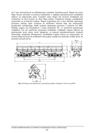 „Projekt współfinansowany ze środków Europejskiego Funduszu Społecznego”
31
od 2 mm, niewraŜliwych na oddziaływanie warunków atmosferycznych. Wagon ma cztery
klapy boczne otwierane za pomocą mechanizmu z napędem pneumatycznym (rozładunek
odbywa się jednocześnie przez wszystkie cztery klapy) lub ręcznym (rozładunek jest
rozdzielony na dwie komory po dwie klapy kaŜda). Urządzenia sterujące rozładunkiem
usytuowane są na końcach wagonu. Wagon wyposaŜony jest w dwa zbiorniki spręŜonego
powietrza, którego zapas wystarcza na dwukrotne otwarcie klap, bez konieczności
przyłączenia zewnętrznego źródła zasilania spręŜonego powietrza o ciśnieniu 0,5 MPa.
Podłoga wagonu jest dwuspadowa o kącie pochylenia 49°, co umoŜliwia grawitacyjny
rozładunek. Nie ma moŜliwości przerwania rozładunku. Załadunek wagonu odbywa się
grawitacyjnie przez górny otwór ładunkowy za pomocą zmechanizowanych urządzeń
(taśmociągi, urządzenia dźwignicowe). Rozładunek wagonu obywa się samoczynnie, po
otwarciu klap bocznych do zasobników lub na place wyładowcze połoŜone wzdłuŜ torów, na
poziomie niŜszym niŜ tor.
Rys. 15. Wagon samowyładowczy z przechylnym pudłem „Dumpcar" serii Faa, typ 904V
 