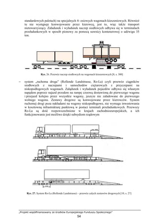 „Projekt współfinansowany ze środków Europejskiego Funduszu Społecznego”
54
standardowych paletach) na specjalnych 4- osiowych wagonach kieszeniowych. RównieŜ
tu nie występuje konwojowanie przez kierowcę, jest to, więc takŜe transport
nietowarzyszący. Załadunek i wyładunek naczep siodłowych odbywa się w terminalach
przeładunkowych w sposób pionowy za pomocą suwnicy kontenerowej o udźwigu 35
ton.
Rys. 26. Przewóz naczep siodłowych na wagonach kieszeniowych [8, s. 300]
− system „ruchoma droga” (Rollende Landstrasse, Ro-La) czyli przewóz ciągników
siodłowych z naczepami i samochodów cięŜarowych z przyczepami na
niskopodłogowych wagonach. Załądunek i wyładunek pojazdów odbywa się własnym
napędem poprzez najazd przodem na rampę czoową dostawioną do pierwszego wagonu
i przejazd kolejno przez wszystkie wagony, jeszcze nie załadowane do pierwszego
wolnego wagonu. Zestawy drogowe są konwojowane przez kierowców. System
ruchomej drogi poza nakładami na wagony niskopodłogowe, nie wymaga inwestowania
w kosztowną infrastrukturę punktową w postaci terminali przeładunkowych. Przewozy
Ro-La są dość rozpowszechnione w krajach zachodnioeuropejskich, a ich
funkcjonowanie jest moŜliwe dzięki subsydiom rządowym
Rys. 27. System Ro-La (Rollende Landstrasse) – przewóz całych zestawów drogowych [10, s. 27]
 