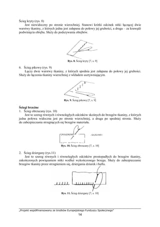 „Projekt współfinansowany ze środków Europejskiego Funduszu Społecznego”
14
Ścieg kryty (rys. 8)
Jest niewidoczny po stronie wierzchniej. Stanowi krótki odcinek nitki łączącej dwie
warstwy tkaniny, z których jedna jest załapana do połowy jej grubości, a druga – za krawędź
podwinięcia obrębu. Służy do podszywania obrębów.
Rys. 8. Ścieg kryty [7, s. 9]
6. Ścieg pikowy (rys. 9)
Łączy dwie warstwy tkaniny, z których spodnia jest załapana do połowy jej grubości.
Służy do łączenia tkaniny wierzchniej z wkładem usztywniającym.
Rys. 9. Ścieg pikowy [7, s. 9]
Ściegi brzeżne
1. Ścieg obrzucany (rys. 10)
Jest to szereg równych i równoległych odcinków skośnych do brzegów tkaniny, z których
jedna połowa widoczna jest po stronie wierzchniej, a druga po spodniej stronie. Służy
do zabezpieczania strzępiących się brzegów materiału.
Rys. 10. Ścieg obrzucany [7, s. 10]
2. Ścieg dziergany (rys.11)
Jest to szereg równych i równoległych odcinków prostopadłych do brzegów tkaniny,
zakończonych powiązaniem nitki wzdłuż wykończonego brzegu. Służy do zabezpieczanie
brzegów tkaniny przez strzępieniem się, dziergania dziurek i haftu.
Rys. 11. Ścieg dziergany [7, s. 10]
 