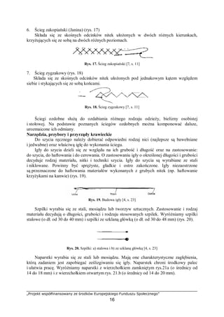 „Projekt współfinansowany ze środków Europejskiego Funduszu Społecznego”
16
6. Ścieg zakopiański (Janina) (rys. 17)
Składa się ze skośnych odcinków nitek ułożonych w dwóch różnych kierunkach,
krzyżujących się ze sobą na dwóch różnych poziomach.
Rys. 17. Ścieg zakopiański [7, s. 11]
7. Ścieg zygzakowy (rys. 18)
Składa się ze skośnych odcinków nitek ułożonych pod jednakowym kątem względem
siebie i stykających się ze sobą końcami.
Rys. 18. Ścieg zygzakowy [7, s. 11]
Ściegi ozdobne służą do ozdabiania różnego rodzaju odzieży, bielizny osobistej
i stołowej. Na podstawie poznanych ściegów ozdobnych można komponować dalsze,
urozmaicone ich odmiany.
Narzędzia, przybory i przyrządy krawieckie
Do szycia ręcznego należy dobierać odpowiedni rodzaj nici (najlepsze są bawełniane
i jedwabne) oraz właściwą igłę do wykonania ściegu.
Igły do szycia dzieli się ze względu na ich grubość i długość oraz na zastosowanie:
do szycia, do haftowania i do cerowania. O zastosowaniu igły o określonej długości i grubości
decyduje rodzaj materiału, nitki i techniki szycia. Igły do szycia są wyrabiane ze stali
i niklowane. Powinny być sprężyste, gładkie i ostro zakończone. Igły niezaostrzone
są przeznaczone do haftowania materiałów wykonanych z grubych nitek (np. haftowanie
krzyżykami na kanwie) (rys. 19).
Rys. 19. Budowa igły [4, s. 23]
Szpilki wyrabia się ze stali, mosiądzu lub tworzyw sztucznych. Zastosowanie i rodzaj
materiału decydują o długości, grubości i rodzaju stosowanych szpilek. Wyróżniamy szpilki
stalowe (o dł. od 30 do 40 mm) i szpilki ze szklaną główką (o dł. od 30 do 48 mm) (rys. 20).
Rys. 20. Szpilki: a) stalowa i b) ze szklaną główką [4, s. 23]
Naparstki wyrabia się ze stali lub mosiądzu. Mają one charakterystyczne zagłębienia,
którą zadaniem jest zapobiegać ześlizgiwaniu się igły. Naparstek chroni środkowy palec
i ułatwia pracę. Wyróżniamy naparstki z wierzchołkiem zamkniętym rys.21a (o średnicy od
14 do 18 mm) i z wierzchołkiem otwartym rys. 21.b (o średnicy od 14 do 20 mm).
 