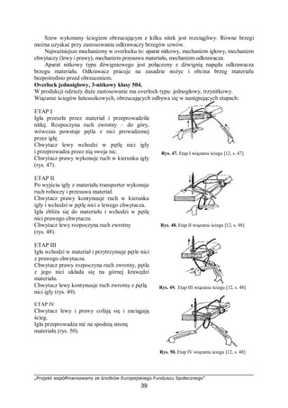 „Projekt współfinansowany ze środków Europejskiego Funduszu Społecznego”
39
Szew wykonany ściegiem obrzucającym z kilku nitek jest rozciągliwy. Równe brzegi
można uzyskać przy zastosowaniu odkrawaczy brzegów szwów.
Najważniejsze mechanizmy w overlocku to: aparat nitkowy, mechanizm igłowy, mechanizm
chwytaczy (lewy i prawy), mechanizm przesuwu materiału, mechanizm odkrawacza.
Aparat nitkowy typu dźwigniowego jest połączony z dźwignią napędu odkrawacza
brzegu materiału. Odkrawacz pracuje na zasadzie nożyc i obcina brzeg materiału
bezpośrednio przed obrzuceniem.
Overlock jednoigłowy, 3-nitkowy klasy 504.
W produkcji odzieży duże zastosowanie ma overlock typu: jednogłowy, trzynitkowy.
Wiązanie ściegów łańcuszkowych, obrzucających odbywa się w następujących etapach:
ETAP I
Igła przeszła przez materiał i przeprowadziła
nitkę. Rozpoczyna ruch zwrotny – do góry,
wówczas powstaje pętla z nici prowadzonej
przez igłę.
Chwytacz lewy wchodzi w pętlę nici igły
i przeprowadza przez nią swoja nic.
Chwytacz prawy wykonuje ruch w kierunku igły
(rys. 47).
Rys. 47. Etap I wiązania ściegu [12, s. 47]
ETAP II
Po wyjściu igły z materiału transporter wykonuje
ruch roboczy i przesuwa materiał.
Chwytacz prawy kontynuuje ruch w kierunku
igły i wchodzi w pętlę nici z lewego chwytacza.
Igła zbliża się do materiału i wchodzi w pętlę
nici prawego chwytacza.
Chwytacz lewy rozpoczyna ruch zwrotny
(rys. 48).
Rys. 48. Etap II wiązania ściegu [12, s. 48]
ETAP III
Igła wchodzi w materiał i przytrzymuje pętle nici
z prawego chwytacza.
Chwytacz prawy rozpoczyna ruch zwrotny, pętla
z jego nici układa się na górnej krawędzi
materiału.
Chwytacz lewy kontynuuje ruch zwrotny z pętlą
nici igły (rys. 49).
Rys. 49. Etap III wiązania ściegu [12, s. 48]
ETAP IV
Chwytacz lewy i prawy cofają się i zaciągają
ścieg.
Igła przeprowadza nić na spodnią stronę
materiału (rys. 50).
Rys. 50. Etap IV wiązania ściegu [12, s. 48]
 