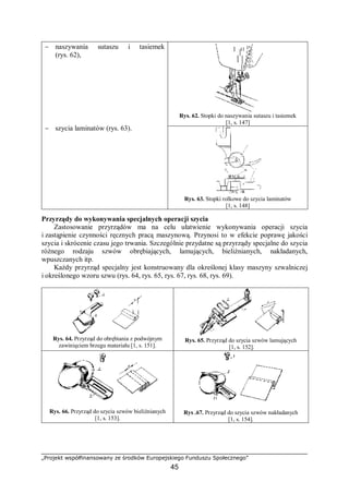 „Projekt współfinansowany ze środków Europejskiego Funduszu Społecznego”
45
Rys. 62. Stopki do naszywania sutaszu i tasiemek
[1, s. 147]
− naszywania sutaszu i tasiemek
(rys. 62),
− szycia laminatów (rys. 63).
Rys. 63. Stopki rolkowe do szycia laminatów
[1, s. 148]
Przyrządy do wykonywania specjalnych operacji szycia
Zastosowanie przyrządów ma na celu ułatwienie wykonywania operacji szycia
i zastąpienie czynności ręcznych pracą maszynową. Przynosi to w efekcie poprawę jakości
szycia i skrócenie czasu jego trwania. Szczególnie przydatne są przyrządy specjalne do szycia
różnego rodzaju szwów obrębiających, lamujących, bieliźnianych, nakładanych,
wpuszczanych itp.
Każdy przyrząd specjalny jest konstruowany dla określonej klasy maszyny szwalniczej
i określonego wzoru szwu (rys. 64, rys. 65, rys. 67, rys. 68, rys. 69).
Rys. 64. Przyrząd do obrębiania z podwójnym
zawinięciem brzegu materiału [1, s. 151].
Rys. 65. Przyrząd do szycia szwów lamujących
[1, s. 152].
Rys. 66. Przyrząd do szycia szwów bieliźnianych
[1, s. 153].
Rys .67. Przyrząd do szycia szwów nakładanych
[1, s. 154].
 