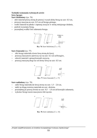 „Projekt współfinansowany ze środków Europejskiego Funduszu Społecznego”
53
Techniki wykonania wybranych szwów
Szwy łączące
Szew bieliźniany (rys. 76)
− ułóż materiał prawą stroną do prawej i wysuń dolny brzeg na szer. 0,5 cm,
− przeszyj maszyną na szer. 0,5 cm od brzegu górnego,
− rozłóż materiał na płasko i zaprasuj zeszycie w stronę mniejszego dodania,
− podwiń wysunięty brzeg,
− przestębnuj wzdłuż linii załamania brzegu.
Rys. 76. Szew bieliźniany [7, s. 17]
Szew francuski (rys. 77)
− złóż brzegi materiału równo lewą stroną do lewej,
− przeszyj maszynowo pierwszy raz na szer. 0,3 cm od brzegów,
− odwróć materiał i sprasuj krawędź zeszycia,
− przeszyj maszyną drugi raz od strony lewej na szer. 0,5 cm.
Rys. 77. Szew francuski [7, s. 17]
Szew nakładany (rys. 78)
− załóż brzeg materiału do lewej strony na szer. 1,5 – 2,0 cm,
− nałóż na drugą warstwę materiału na szer. złożenia,
− przestębnuj po prawej stronie na szer. 0,5 – 1,0 cm od krawędzi załamania,
− wykończ brzegi razem maszynowo lub ręcznie.
Rys. 78. Szew nakładany [7, s. 18]
 