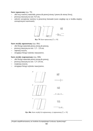 „Projekt współfinansowany ze środków Europejskiego Funduszu Społecznego”
54
Szew wpuszczany (rys. 79)
− złóż trzy warstwy materiału; prawa do prawej strony i prawa do strony lewej,
− przeszyj maszyną na szer. 0,5 cm,
− odwróć zewnętrzne warstwy w przeciwny kierunek (szew znajduje się w środku między
zewnętrznymi warstwami).
Rys. 79. Szew wpuszczany [7, s. 18]
Szew zwykły zaprasowany (rys. 80c)
− złóż brzegi materiału prawą stroną do prawej,
− przeszyj maszyną na szer. 1,5 – 2,0 cm,
− zaprasuj zszycie,
− strzępiące brzegi wykończ maszynowo.
Szew zwykły rozprasowany (rys. 80b)
− złóż brzegi materiału prawą stroną do prawej,
− przeszyj maszyną na szer. 1,5–2,0 cm,
− rozprasuj zszycie,
− strzępiące brzegi wykończ maszynowo.
Rys. 80a. Szew zwykły b) rozprasowany, c) zaprasowany [7, s. 19]
 
