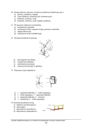 „Projekt współfinansowany ze środków Europejskiego Funduszu Społecznego”
72
10. Korpus głowicy maszyny szwalniczej stębnowej zbudowany jest z
a) głowicy, podstawy, napędu.
b) części płaskich, ramieniowych, kolumnowych.
c) kolumny, ramienia, czoła.
d) kolumny, ramienia, czoła, napędu, podstawy.
11. W maszynie stębnowej wyróżniamy
a) mechanizmy specjalne.
b) mechanizm ruchu, wiązania ściegu, przesuwu materiału.
c) napęd elektryczny.
d) mechanizm ruchu wahadłowego.
12. Rysunek przedstawia operację
a) przeciągania nici dolnej.
b) wyjmowania bębenka.
c) nawlekania nici górnej.
d) zamocowywania igły w igielnicy.
13. Wskazane części bębenka to
a) 1 – sprężynka bębenka, 2 – śruba regulująca.
b) 1 – śruba regulująca, 2 – sprężynka bębenka.
c) 1 – sprężynka bębenka, 2 – nawijacz.
d) 1 – szpuleczka, 2 – śruba regulująca.
14. Rysunek przedstawia ścieg
a) stębnowy prostościegowy.
b) obrzucający.
c) łańcuszkowy dwunitkowy.
d) łańcuszkowy jednonitkowy.
 