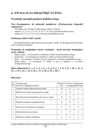 „Projekt współfinansowany ze środków Europejskiego Funduszu Społecznego”
20
6. EWALUACJA OSIĄGNIĘĆ UCZNIA
Przykłady narzędzi pomiaru dydaktycznego
Test dwustopniowy do jednostki modułowej „Wykonywanie fotografii
studyjnych”
Test składa się z 20 zadań wielokrotnego wyboru, z których:
− zadania 1, 2, 3, 4, 5, 6, 7, 8, 9, 13, 14, 17, 18, 20 są z poziomu podstawowego,
− zadania 10, 11, 12, 15, 16, 19 są z poziomu ponadpodstawowego.
Punktacja zadań: 0 lub 1 punkt
Za każdą prawidłową odpowiedź uczeń otrzymuje 1 punkt. Za złą odpowiedź lub jej brak
uczeń otrzymuje 0 punktów.
Proponuje się następujące normy wymagań – uczeń otrzyma następujące
oceny szkolne:
− dopuszczający – za rozwiązanie co najmniej 8 zadań z poziomu podstawowego,
− dostateczny – za rozwiązanie co najmniej 11 zadań z poziomu podstawowego,
− dobry – za rozwiązanie 14 zadań, w tym co najmniej 2 z poziomu ponadpodstawowego,
− bardzo dobry – za rozwiązanie 17 zadań, w tym co najmniej 4 z poziomu
ponadpodstawowego.
Klucz odpowiedzi: 1. a, 2. c, 3. a, 4. a, 5. d, 6. d, 7. b, 8. d, 9. c, 10. a, 11. d,
12. c, 13. b, 14. c, 15. d, 16. a, 17. d, 18. d, 19. c, 20. b
Plan testu
Nr
zad.
Cel operacyjny
(mierzone osiągnięcia ucznia)
Kategoria
celu
Poziom
wymagań
Poprawna
odpowiedź
1 Uogólnić zasady funkcjonowania studia B P a
2 Zdefiniować funkcje pomieszczeń w studiu A P c
3 Rozróżnić sprzęt fotograficzny do pracy w studiu B P a
4 Zdefiniować aparat wielkoformatowy A P a
5 Zastosować światłomierz zewnętrzny C P d
6 Określić kontrast oświetlenia C P d
7 Zdefiniować zdjęcie reklamowe A P b
 