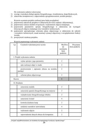 „Projekt współfinansowany ze środków Europejskiego Funduszu Społecznego”
28
Do wykonania zadania wykorzystaj:
1) wyciąg z instrukcji obsługi aparatu fotograficznego, światłomierza, lamp błyskowych,
2) stanowisko komputerowe z odpowiednim oprogramowaniem, nośniki pamięci.
Kryteria oceniania projektu realizacji prac będą uwzględniać:
1) poprawność założeń do projektu w odniesieniu do treści zadania i dokumentacji,
2) poprawność wykazu działań związanych z wykonaniem zdjęcia studyjnego,
3) poprawność parametrów sprzętu fotograficznego w odniesieniu do wymagań
dotyczących zdjęcia studyjnego oraz warunków technicznych,
4) poprawność sporządzonego schematu planu zdjęciowego w odniesieniu do założeń
i warunków technicznych, zasad aranżacji sytuacji zdjęciowej z uwzględnieniem funkcji
światła,
5) przejrzystość struktury projektu.
Kryteria poprawnego wykonania zadania
Lp. Czynność wykonana przez ucznia Możliwa
do
uzyskania
ilość
punktów
Przyznana
ilość punktów
I. Projekt wykonania zadania
wykaz sprzętu i jego parametry 2
opis realizacji zdjęć w studio 2
przetworzenie i zapisanie obrazu na nośniku
pamięci
2
schemat planu zdjęciowego 2
Razem: 8
II. Działanie
ustawienie modela 2
ustawienie aparatu fotograficznego na statywie 2
wykadrowanie fotografowanego obiektu 2
ustawienie świateł 4
kontrola działania lamp 2
ustalenie warunków naświetlania 4
wykonanie zdjęcia 2
wprowadzenie danych obrazu do komputera 2
 