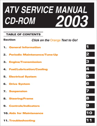 2003
ATV SERVICE MANUAL
CD-ROM
Click on the Text to Go!
TABLE OF CONTENTS
Section
1. General Information
2. Periodic Maintenance/Tune-Up
3. Engine/Transmission
4. Fuel/Lubrication/Cooling
5. Electrical System
6. Drive System
7. Suspension
8. Steering/Frame
9. Controls/Indicators
10. Aids for Maintenance
11. Troubleshooting
1
2
3
4
5
6
7
8
9
10
11
 