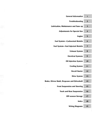 General Information
Troubleshooting
Lubrication, Maintenance and Tune-up
Adjustments for Special Use
fuel System-Carbureted Models
fuel System-fuel Injected Models
Exhaust System
Electrical Systems
Oil Injection System
Cooling System
Recoil Starter
Drive System
Brake, Driven Shaft, Dropcase and Driveshaft
front Suspension and Steering
Track and Rear Suspension
Off-season Storage
Index
Wiring Diagrams
 