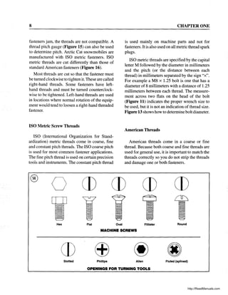 8
fasteners jam, the threads are not compatible. A
thread pitch gauge (Figure 15) can also be used
to determine pitch. Arctic Cat snowmobiles are
manufactured with ISO metric fasteners. ISO
metric threads are cut differently than those of
standard American fasteners (Figure 16).
Most threads are cut so that the fastener must
be turned clockwise to tighten it. These are called
right-hand threads. Some fasteners have left-
hand threads and must be turned counterclock-
wise to be tightened. Left-hand threads are used
in locations where normal rotation of the equip-
ment would tend to loosen a right-hand threaded
fastener.
ISO Metric Screw Threads
ISO (International Organization for Stand-
ardization) metric threads corne in coarse, fine
and constant pitch threads. The ISO coarse pitch
is used for most common fastener applications.
The fine pitch thread is used on certain precision
tools and instruments. The constant pitch thread
CHAPTER ONE
is used mainly on machine parts and not for
fasteners. Itis also used on all metric thread spark
plugs.
ISO metric threads are specified by the capital
letter M followed by the diameter in millimeters
and the pitch (or the distance between each
thread) in millimeters separated by the sign "x".
For example a M8 x 1.25 bolt is one that has a
diameter of 8 millimeters with a distance of 125
millimeters between each thread. The measure-
ment across two flats on the head of the bolt
(Figure 11) indicates the proper wrench size to
be used, but it is not an indication of thread size.
Figure 13 shows how to determine bolt diameter.
American Threads
American threads corne in a coarse or fine
thread. Because both coarse and fine threads are
used for general use, it is important to match the
threads correctly so you do not strip the threads
and damage one or both fasteners.
®
o CD CD CD CD
Hex Flat Oval Fillister Round
MACHINE SCREWS
CD ffi @ ~Slotted Phillips Allen Fluted (splined)
OPENINGS FOR TURNING TOOLS
http://ReadManuals.com
 