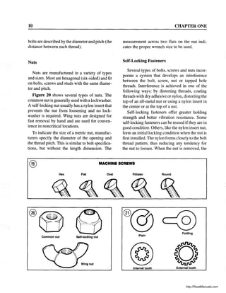 10
bolts are described by the diameter and pitch (the
distance between each thread).
Nuts
Nuts are manufactured in a variety of types
and sizes. Most are hexagonal (six-sided) and fit
on bolts, screws and studs with the same diame-
ter and pitch.
Figure 20 shows several types of nuts. The
cornmon nut is generally used with a lockwasher.
A self-locking nut usually has a nylon insert that
prevents the nut from loosening and no lock-
washer is required. Wing nuts are designed for
fast removal by hand and are used for conven-
ience in noncritical locations.
To indicate the size of a metric nut, manufac-
turers specify the diameter of the opening and
the thread pitch. This is similar to bolt specifica-
tions, but without the length dimension. The
CHAPTER ONE
measurement across two flats on the nut indi-
cates the proper wrench size to be used.
Self-Locking Fasteners
Several types of bolts, screws and nuts incor-
porate a system that develops an interference
between the bolt, screw, nut or tapped hole
threads. Interference is achieved in one of the
following ways: by distorting threads, coating
threads with dry adhesive or nylon, distorting the
top of an all-metal nut or using a nylon insert in
the center or at the top of a nut.
Self-locking fasteners offer greater holding
strength and better vibration resistance. Some
self-locking fasteners can be reused ifthey are in
good condition. Others, like the nylon insert nut,
form an initial locking condition when the nut is
first installed. The nylon forms closely to the bolt
thread pattern, thus reducing any tendency for
the nut to loosen. When the nut is removed, the
® MACHINE SCREWS
Hex Flat Oval Fillister Round
Common nut Self-locking nut
Folding
Plain
Wing nut
Internal tooth External tooth
http://ReadManuals.com
 