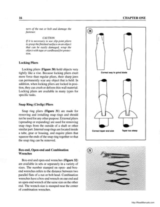 16
ners of the nut or bolt and damage the
fastener.
CAUTION
If it is necessary to use slip-joint pliers
to grasp thefinished suiface on an object
that can be easily damaged, wrap the
objectwith tape orcardboardforprotec-
tion.
Locking Pliers
Locking pliers (Figure 30) hold objects very
tightly like a vise. Because locking pliers exert
more force than regular pliers, their sharp jaws
can permanently scar any object that is held. In
addition, when locking pliers are locked in posi-
tion, they can crush or deform thin wall material.
Locking pliers are available in many types for
specific tasks.
Snap Ring (Circlip) Pliers
Snap ring pliers (Figure 31) are made for
removing and installing snap rings and should
not be used for any other purpose. External pliers
(spreading or expanding) are used for removing
snap rings from the outside of a shaft or other
similar part. Internal snap rings are located inside
a tube, gear or housing, and require pliers that
squeeze the ends ofthe snap ring together so that
the snap ring can be removed.
Box-end, Open-end and Combination
Wrenches
Box-end and open-end wrenches (Figure 32)
are available in sets or separately in a variety of
sizes. The number stamped on open- and box-
end wrenches refers to the distance between two
parallel flats of a nut or bolt head. Combination
wrenches have a box-end wrench on one end and
an open-end wrench ofthe same size on the other
end. The wrench size is stamped near the center
of combination wrenches.
CHAPTER ONE
I 
Correct way to grind blade
Correct taper and size Taper too steep
®
http://ReadManuals.com
 