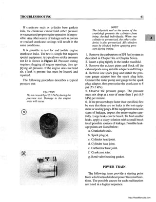TROUBLESHOOTING
If crankcase seals or cylinder base gaskets
leak, the crankcase cannot hold either pressure
or vacuum and proper engine operation is impos-
sible. Any other source ofleakage such as porous
or cracked crankcase castings will result in the
same conditions.
It is possible to test for and isolate engine
crankcase leaks. The test is simple but requires
special equipment. A typical two-stroke pressure
test kit is shown in Figure 22. Pressure testing
requires plugging all engine openings, then ap-
plying air pressure. If the engine does not hold
air, a leak is present that must be located and
repaired.
The following procedure describes a typical
pressure test:
CAUTION
Do notexceed8psi (55.2 kPa) during the
pressure test. Damage to the engine
seals will occur.
®
NOTE
The labyrinth seal at the center of the
crankshaft prevents the cylinders from
being checked individually. When one
cylinder is pressurized, the other cylin-
der(s) is also pressurized. All cylinders
must be blocked before applying pres-
sure during testing.
61
1. Remove the carburetors or EFI fuel system as
described in Chapter Six or Chapter Seven.
2. Insert a plug tightly in the intake manifold.
3. Remove the exhaust pipes and block off the
exhaust ports using suitable adapters and fittings.
4. Remove one spark plug and install the pres-
sure gauge adaptor into the spark plug hole.
Connect the tester pump and gauge to the spark
plug adaptor, then pressurize the crankcase to 8
psi (55.2 kPa).
5. Observe the pressure gauge. The pressure
must not drop at a rate of more than 1 psi (6.9
kPa) per minute.
6. Ifthe pressure drops faster than specified, first
be sure that there are no leaks in the test equip-
ment or sealing plugs. Ifthe equipment shows no
signs of leakage, inspect the entire engine care-
fully. Large leaks can be heard. To find smaller
leaks, apply a soapy solution with a small brush
to all possible sources of leakage. Possible leak-
age points are listed below:
a. Crankshaft seals.
b. Spark plug(s).
c. Cylinder head joint.
d. Cylinder base joint.
e. Carburetor base joint.
f. Crankcase joint.
g. Reed valve housing gasket.
POWER TRAIN
The following items provide a starting point
from which to troubleshoot powertrain malfunc-
tions. The possible causes for each malfunction
are listed in a logical sequence.
http://ReadManuals.com
 