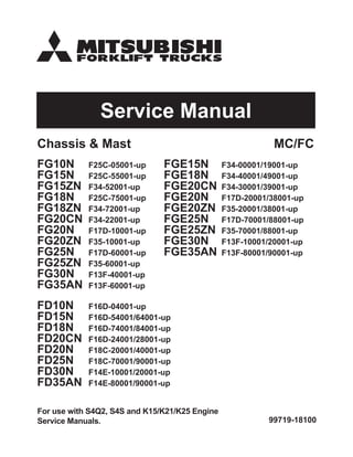 99719-18100
For use with S4Q2, S4S and K15/K21/K25 Engine
Service Manuals.
FG10N F25C-05001-up
FG15N F25C-55001-up
FG15ZN F34-52001-up
FG18N F25C-75001-up
FG18ZN F34-72001-up
FG20CN F34-22001-up
FG20N F17D-10001-up
FG20ZN F35-10001-up
FG25N F17D-60001-up
FG25ZN F35-60001-up
FG30N F13F-40001-up
FG35AN F13F-60001-up
FD10N F16D-04001-up
FD15N F16D-54001/64001-up
FD18N F16D-74001/84001-up
FD20CN F16D-24001/28001-up
FD20N F18C-20001/40001-up
FD25N F18C-70001/90001-up
FD30N F14E-10001/20001-up
FD35AN F14E-80001/90001-up
FGE15N F34-00001/19001-up
FGE18N F34-40001/49001-up
FGE20CN F34-30001/39001-up
FGE20N F17D-20001/38001-up
FGE20ZN F35-20001/38001-up
FGE25N F17D-70001/88001-up
FGE25ZN F35-70001/88001-up
FGE30N F13F-10001/20001-up
FGE35AN F13F-80001/90001-up
Chassis & Mast MC/FC
Service Manual
 