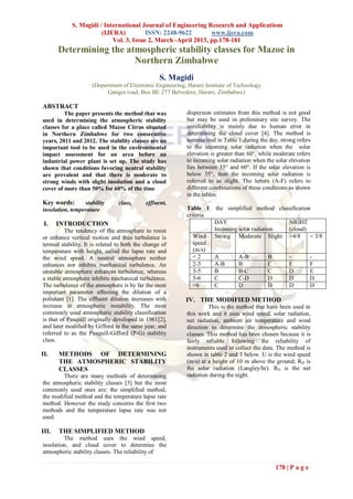S. Magidi / International Journal of Engineering Research and Applications
                       (IJERA)          ISSN: 2248-9622        www.ijera.com
                           Vol. 3, Issue 2, March -April 2013, pp.178-181
       Determining the atmospheric stability classes for Mazoe in
                         Northern Zimbabwe
                                                  S. Magidi
                     (Department of Electronic Engineering, Harare Institute of Technology
                           Ganges road, Box BE 277 Belvedere, Harare, Zimbabwe)

ABSTRACT
         The paper presents the method that was            dispersion estimates from this method is not good
used in determining the atmospheric stability              but may be used in preliminary site survey. The
classes for a place called Mazoe Citrus situated           unreliability is mainly due to human error in
in Northern Zimbabwe for two consecutive                   determining the cloud cover [4]. The method is
years, 2011 and 2012. The stability classes are an         summarized in Table 1.during the day, strong refers
important tool to be used in the environmental             to the incoming solar radiation when the solar
impact assessment for an area before an                    elevation is greater than 60°, while moderate refers
industrial power plant is set up. The study has            to incoming solar radiation when the solar elevation
shown that conditions favoring neutral stability           lies between 35° and 60°. If the solar elevation is
are prevalent and that there is moderate to                below 35°, then the incoming solar radiation is
strong winds with slight insolation and a cloud            referred to as slight. The letters (A-F) refers to
cover of more than 50% for 60% of the time                 different combinations of these conditions as shown
                                                           in the tables.
Key words:       stability      class,      effluent,
insolation, temperature                                    Table 1: the simplified method classification
                                                           criteria
 I.    INTRODUCTION                                                 DAY                       NIGHT
          The tendency of the atmosphere to resist                  Incoming solar radiation  (cloud)
or enhance vertical motion and thus turbulence is             Wind Strong Moderate Slight >4/8          < 3/8
termed stability. It is related to both the change of         speed
temperature with height, called the lapse rate and            (m/s)
the wind speed. A neutral atmosphere neither                  <2    A        A-B          B   -         -
enhances nor inhibits mechanical turbulence. An               2-3   A-B      B            C   E         F
unstable atmosphere enhances turbulence, whereas              3-5   B        B-C          C   D         E
a stable atmosphere inhibits mechanical turbulence.           5-6   C        C-D          D   D         D
The turbulence of the atmosphere is by far the most           >6    C        D            D   D         D
important parameter affecting the dilution of a
pollutant [1]. The effluent dilution increases with        IV. THE MODIFIED METHOD
increase in atmospheric instability. The most                       This is the method that have been used in
commonly used atmospheric stability classification         this work and it uses wind speed, solar radiation,
is that of Pasquill originally developed in 1961[2],       net radiation, ambient air temperature and wind
and later modified by Gifford in the same year, and        direction to determine the atmospheric stability
referred to as the Pasquill-Gifford (P-G) stability        classes. This method has been chosen because it is
class.                                                     fairly reliable following the reliability of
                                                           instruments used to collect the data. The method is
II.    METHODS OF DETERMINING                              shown in table 2 and 3 below. U is the wind speed
       THE ATMOSPHERIC STABILITY                           (m/s) at a height of 10 m above the ground; RD is
       CLASSES                                             the solar radiation (Langley/hr). RN is the net
        There are many methods of determining              radiation during the night.
the atmospheric stability classes [3] but the most
commonly used ones are; the simplified method,
the modified method and the temperature lapse rate
method. However the study concerns the first two
methods and the temperature lapse rate was not
used.

III.   THE SIMPLIFIED METHOD
         The method uses the wind speed,
insolation, and cloud cover to determine the
atmospheric stability classes. The reliability of

                                                                                                178 | P a g e
 