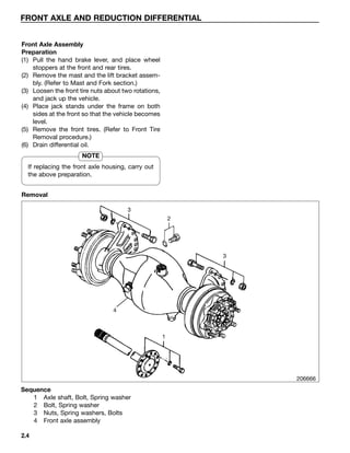 Front Axle Assembly
Preparation
(1) Pull the hand brake lever, and place wheel
stoppers at the front and rear tires.
(2) R...