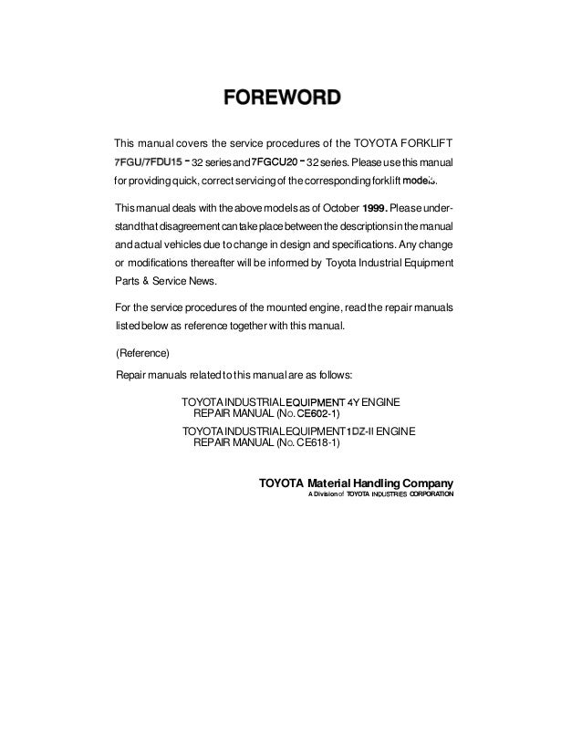 Toyota 7FGCSU20 Forklift Service Repair Manual