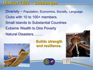 District 7020 – Challenges
• Diversity – Population, Economics, Socially, Language.
• Clubs with 10 to 100+ members.
• Small Islands to Substantial Countries
• Extreme Wealth to Dire Poverty
• Natural Disasters……..
                      Builds strength
                      and resilience.
 