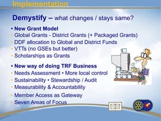 Implementation
Demystify – what changes / stays same?
• New Grant Model
• Global Grants - District Grants (+ Packaged Grants)
• DDF allocation to Global and District Funds
• VTTs (no GSEs but better)
• Scholarships as Grants
• New way of doing TRF Business
• Needs Assessment • More local control
• Sustainability • Stewardship / Audit
• Measurability & Accountability
• Member Access as Gateway
• Seven Areas of Focus
 