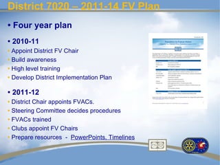 District 7020 – 2011-14 FV Plan
• Four year plan
• 2010-11
• Appoint District FV Chair
• Build awareness
• High level training
• Develop District Implementation Plan

• 2011-12
• District Chair appoints FVACs.
• Steering Committee decides procedures
• FVACs trained
• Clubs appoint FV Chairs
• Prepare resources - PowerPoints, Timelines
 