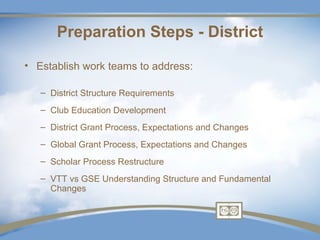 Preparation Steps - District

• Establish work teams to address:

   – District Structure Requirements
   – Club Education Development
   – District Grant Process, Expectations and Changes
   – Global Grant Process, Expectations and Changes
   – Scholar Process Restructure
   – VTT vs GSE Understanding Structure and Fundamental
     Changes
 
