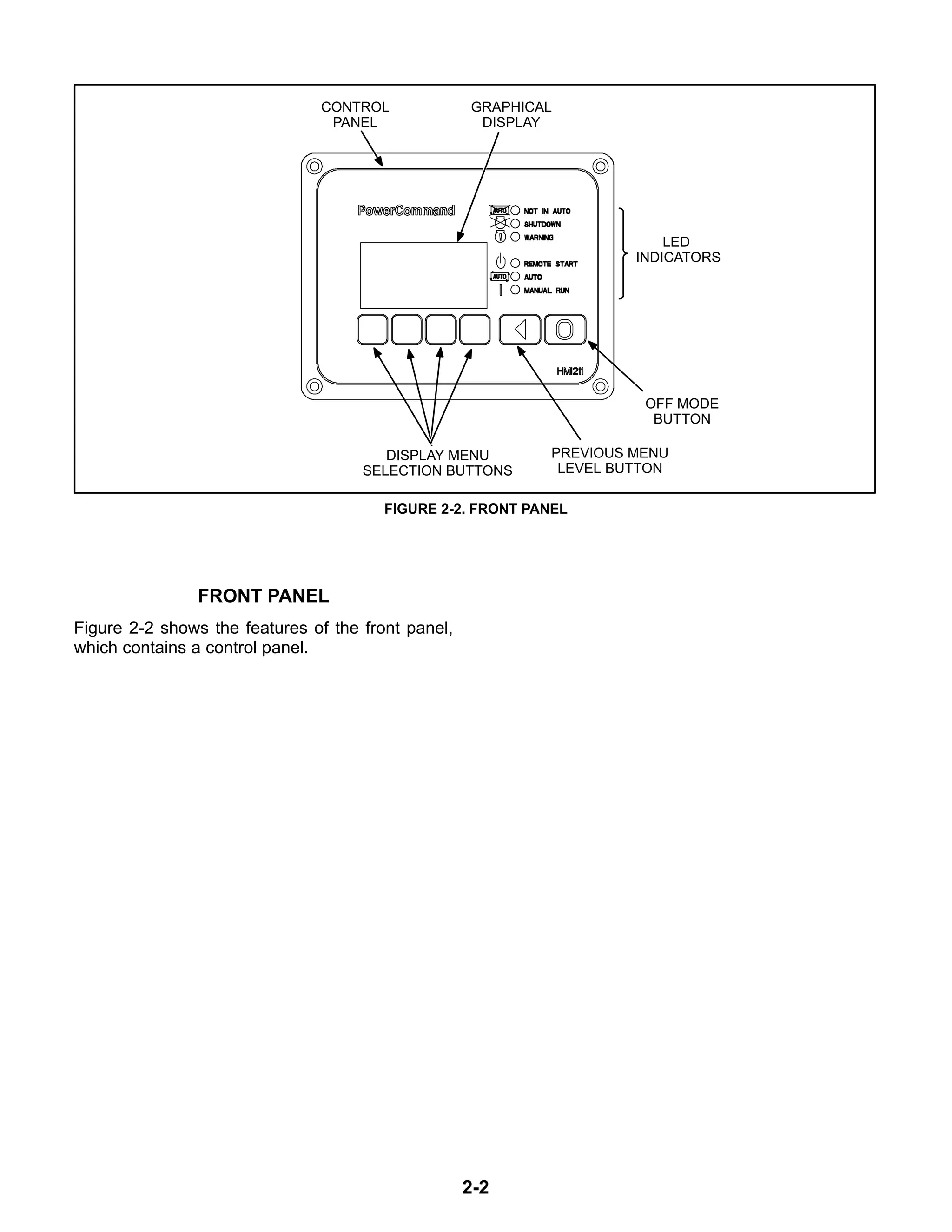 2-2
PREVIOUS MENU
LEVEL BUTTON
GRAPHICAL
DISPLAY
OFF MODE
BUTTON
DISPLAY MENU
SELECTION BUTTONS
LED
INDICATORS
CONTROL
PANEL
FIGURE 2-2. FRONT PANEL
FRONT PANEL
Figure 2-2 shows the features of the front panel,
which contains a control panel.
 