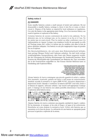 More user manuals on ManualsBase.com
8
IdeaPad Z360 Hardware Maintenance Manual
Safety notice 2
DANGER
Some standby batteries contain a small amount of nickel and cadmium. Do not
disassemble a standby battery, recharge it, throw it into fire or water, or short-
circuit it. Dispose of the battery as required by local ordinances or regulations.
Use only the battery in the appropriate parts listing. Use of an incorrect battery can
result in ignition or explosion of the battery.
Certaines batteries de secours contiennent du nickel et du cadmium. Ne les
démontez pas, ne les rechargez pas, ne les exposez ni au feu ni à l’eau. Ne
les mettez pas en court-circuit. Pour les mettre au rebut, conformez-vous à la
réglementation en vigueur. Lorsque vous remplacez la pile de sauvegarde ou celle
de l’horloge temps réel, veillez à n’utiliser que les modèles cités dans la liste de
pièces détachées adéquate. Une batterie ou une pile inappropriée risque de prendre
feu ou d’exploser.
Die Bereitschaftsbatterie, die sich unter dem Diskettenlaufwerk befindet,
kann geringe Mengen Nickel und Cadmium enthalten. Sie darf nicht zerlegt,
wiederaufgeladen, kurzgeschlossen, oder Feuer oder Wasser ausgesetzt werden.
Bei der Entsorgung die örtlichen Bestimmungen für Sondermüll beachten. Beim
Ersetzen der Bereitschafts-oder Systembatterie nur Batterien des Typs verwenden,
der in der Ersatzteilliste aufgeführt ist. Der Einsatz falscher Batterien kann zu
Entzündung oder Explosion führen.
Alcune batterie di riserva contengono una piccola quantità di nichel e cadmio.
Non smontarle, ricaricarle, gettarle nel fuoco o nell’acqua né cortocircuitarle.
Smaltirle secondo la normativa in vigore (DPR 915/82, successive disposizioni e
disposizioni locali). Quando si sostituisce la batteria dell’RTC (real time clock) o
la batteria di supporto, utilizzare soltanto i tipi inseriti nell’appropriato Catalogo
parti. L’impiego di una batteria non adatta potrebbe determinare l’incendio o
l’esplosione della batteria stessa.
Algunas baterías de reserva contienen una pequeña cantidad de níquel y cadmio.
No las desmonte, ni recargue, ni las eche al fuego o al agua ni las cortocircuite.
Deséchelas tal como dispone la normativa local. Utilice sólo baterías que se
encuentren en la lista de piezas. La utilización de una batería no apropiada puede
provocar la ignición o explosión de la misma.
 