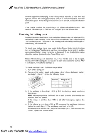 More user manuals on ManualsBase.com
22
IdeaPad Z360 Hardware Maintenance Manual
Perform operational charging. If the battery status indicator or icon does not
light on, remove the battery pack and let it return to room temperature. Reinstall
the battery pack. If the charge indicator or icon is still off, replace the battery
pack.
If the charge indicator still does not light on, replace the system board. Then
reinstall the battery pack. If it is still not charged, go to the next section.
Checking the battery pack
Battery charging does not start until the Power Meter shows that less than 95%
of the total power remains; under this condition the battery pack can charge to
100% of its capacity. This protects the battery pack from being overcharged or
from having a shortened life.
To check your battery, move your cursor to the Power Meter icon in the icon
tray of the Windows®
taskbar and wait for a moment (but do not click it), and the
percentage of battery power remaining is displayed. To get detailed information
about the battery, double-click the Power Meter icon.
Note: If the battery pack becomes hot, it may not be able to be charged.
Remove it from the computer and leave it at room temperature for a while. After
it cools down, reinstall and recharge it.
To check the battery pack, follow the steps below:
1.	 Turn off the computer.
2.	 Remove the battery pack and measure the voltage between battery
terminals 1 (+) and 7 (-). See the following figure:
1(+)
2(+)
3 4 5
6(-)
7(-)
Terminal
1 +0 to +14
7 Ground (-)
Voltage (V DC)
3.	 If the voltage is less than +11.0 V DC, the battery pack has been
discharged.
	 Note: Recharging will be continued for at least 3 hours, even though the
indicator does not light on.
	 If the voltage is still less than +11.0 V DC after recharging, replace the
battery.
4.	 If the voltage is more than +11.0 V DC, measure the resistance between
battery terminals 5 and 7. The resistance must be 4 to 30 KΩ.
	 If the resistance is not correct, replace the battery pack. If the resistance is
correct, replace the system board.
 