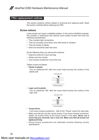More user manuals on ManualsBase.com
32
IdeaPad Z360 Hardware Maintenance Manual
FRU replacement notices
This section presents notices related to removing and replacing parts. Read
this section carefully before replacing any FRU.
Screw notices
Loose screws can cause a reliability problem. In the Lenovo IdeaPad computer,
this problem is addressed with special nylon-coated screws that have the
following characteristics:
They maintain tight connections.••
They do not easily come loose, even with shock or vibration.••
They are harder to tighten.••
Each one should be used only once.••
Do the following when you service this machine:
Keep the screw kit in your tool bag.••
Always use new screws.••
Use a torque screwdriver if you have one.••
Tighten screws as follows:
Plastic to plastic••
	 Turn an additional 90° after the screw head touches the surface of the
plastic part:
more than 90°
(Cross-section)
Logic card to plastic••
	 Turn an additional 180° after the screw head touches the surface of the
logic card:
more than 180°
(Cross-section)
Torque driver••
	 If you have a torque screwdriver , refer to the “Torque” column for each step.
Make sure that you use the correct screws. If you have a torque screwdriver,••
tighten all screws firmly to the torque shown in the table. Never use a
screw that you removed. Use a new one. Make sure that all screws are
tightened firmly.
Ensure torque screwdrivers are calibrated correctly following country••
specifications.
 