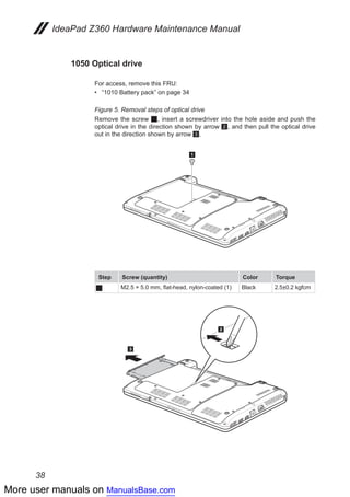 More user manuals on ManualsBase.com
38
IdeaPad Z360 Hardware Maintenance Manual
1050 Optical drive
For access, remove this FRU:
•• “1010 Battery pack” on page 34
Figure 5. Removal steps of optical drive
Remove the screw 1, insert a screwdriver into the hole aside and push the
optical drive in the direction shown by arrow 2, and then pull the optical drive
out in the direction shown by arrow 3.
1
Step Screw (quantity) Color Torque
1 M2.5 × 5.0 mm, flat-head, nylon-coated (1) Black 2.5±0.2 kgfcm
3
2
 