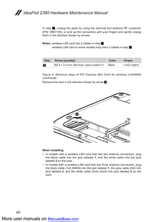 More user manuals on ManualsBase.com
40
IdeaPad Z360 Hardware Maintenance Manual
In step 1, unplug the jacks by using the removal tool antenna RF connector
(P/N: 08K7159), or pick up the connectors with your fingers and gently unplug
them in the direction shown by arrows.
Notes:	wireless LAN card has 2 cables in step 1.
	 wireless LAN card in some models may have 3 cables in step 1.
Step Screw (quantity) Color Torque
2 M2.0 × 3.0 mm, flat-head, nylon-coated (1) Black 1.5±0.2 kgfcm
Figure 6. Removal steps of PCI Express Mini Card for wireless LAN/WAN
(continued)
Remove the card in the direction shown by arrow 3.
3
When installing:
In models with a wireless LAN card that has two antenna connectors, plug••
the black cable into the jack labeled 1, and the white cable into the jack
labeled 2 on the card.
In models with a wireless LAN card that has three antenna connectors, plug••
the black cable (1st) (MAIN) into the jack labeled 1, the grey cable (3rd) into
jack labeled 3, and the white cable (2nd) (AUX) into jack labeled 2 on the
card.
 
