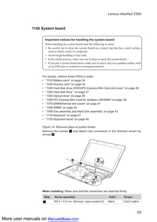 More user manuals on ManualsBase.com
55
Lenovo IdeaPad Z360
1140 System board
Important notices for handling the system board:
When handling the system board, bear the following in mind.
•	 Be careful not to drop the system board on a bench top that has a hard surface,
such as metal, wood, or composite.
•	 Avoid rough handling of any kind.
•	 In the whole process, make sure not to drop or stack the system board.
•	 If you put a system board down, make sure to put it only on a padded surface such
as an ESD mat or conductive corrugated material.
For access, remove these FRUs in order:
•• “1010 Battery pack” on page 34
•• “1020 Dummy card” on page 35
•• “1030 Hard disk drive (HDD)/PCI Express Mini Card slot cover” on page 36
•• “1040 Hard disk drive ” on page 37
•• “1050 Optical drive” on page 38
•• “1060 PCI Express Mini Card for wireless LAN/WAN” on page 39
•• “1070 DIMM/thermal slot coverr” on page 41
•• “1080 DIMM” on page 42
•• “1090 Fan assembly and Heat Sink assembly” on page 43
•• “1110 Keyboard” on page 47
•• “1120 Keyboard bezel” on page 49
Figure 14. Removal steps of system board
Remove two screws 1 and detach two connectors in the direction shown by
arrows 2.
11
1
2
2
When installing: Make sure that the connectors are attached firmly.
Step Screw (quantity) Color Torque
1 M2.5 × 5.0 mm, flat-head, nylon-coated (2) Black 2.5±0.2 kgfcm
 