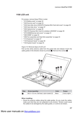 More user manuals on ManualsBase.com
57
Lenovo IdeaPad Z360
1150 LCD unit
For access, remove these FRUs in order:
•• “1010 Battery pack” on page 34
•• “1020 Dummy card” on page 35
•• “1030 Hard disk drive (HDD)/PCI Express Mini Card slot cover” on page 36
•• “1040 Hard disk drive ” on page 37
•• “1050 Optical drive” on page 38
•• “1060 PCI Express Mini Card for wireless LAN/WAN” on page 39
•• “1070 DIMM/thermal slot coverr” on page 41
•• “1080 DIMM” on page 42
•• “1090 Fan assembly and Heat Sink assembly” on page 43
•• “1110 Keyboard” on page 47
•• “1120 Keyboard bezel” on page 49
•• “1140 System board” on page 55
Figure 15. Removal steps of LCD unit
Pull out the white antenna cable from the guide hole and release it from the
cable guides in the direction shown by arrows 1. Remove five screws 2.
11
2
22
2
2
Step Screw (quantity) Color Torque
2 M2.5 × 5.0 mm, flat-head, nylon-coated (5) Black 2.5±0.2 kgfcm
When installing:
Route the antenna cables along the cable guides. As you route the cables,••
make sure that they are not subjected to any tension. Tension could cause
the cables to be damaged by the cable guides, or a wire to be broken.
 