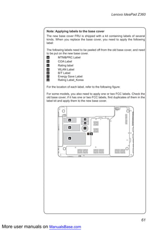 More user manuals on ManualsBase.com
61
Lenovo IdeaPad Z360
Note: Applying labels to the base cover
The new base cover FRU is shipped with a kit containing labels of several
kinds. When you replace the base cover, you need to apply the following
label:
The following labels need to be peeled off from the old base cover, and need
to be put on the new base cover.
a 	 MTM&PRC Label
b 	 COA Label
c 	 Rating label
d 	 WLAN Label
e 	 B/T Label
f 	 Energy Save Label
g 	 Rating Label_Korea
For the location of each label, refer to the following figure:
For some models, you also need to apply one or two FCC labels. Check the
old base cover; if it has one or two FCC labels, find duplicates of them in the
label kit and apply them to the new base cover.
a d
e
f
g
b
c
 