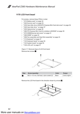 More user manuals on ManualsBase.com
62
IdeaPad Z360 Hardware Maintenance Manual
1170 LCD front bezel
For access, remove these FRUs in order:
•• “1010 Battery pack” on page 34
•• “1020 Dummy card” on page 35
•• “1030 Hard disk drive (HDD)/PCI Express Mini Card slot cover” on page 36
•• “1040 Hard disk drive ” on page 37
•• “1050 Optical drive” on page 38
•• “1060 PCI Express Mini Card for wireless LAN/WAN” on page 39
•• “1070 DIMM/thermal slot coverr” on page 41
•• “1080 DIMM” on page 42
•• “1090 Fan assembly and Heat Sink assembly” on page 43
•• “1110 Keyboard” on page 47
•• “1120 Keyboard bezel” on page 49
•• “1140 System board” on page 55
•• “1150 LCD unit” on page 57
Figure 17. Removal steps of LCD front bezel
Remove two screws 1.
1
1
Step Screw (quantity) Color Torque
1 M2.0 × 4.0 mm, flat-head, nylon-coated (2) Black 2.0±0.2 kgfcm
Remove the LCD front bezel in the direction shown by arrows 2.
2
2
2
2
 