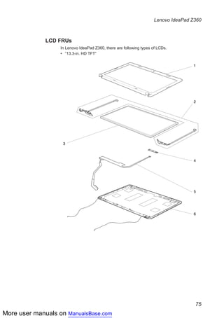 More user manuals on ManualsBase.com
75
Lenovo IdeaPad Z360
LCD FRUs
In Lenovo IdeaPad Z360, there are following types of LCDs.
“•• 13.3-in. HD TFT”
1
3
2
4
5
6
 