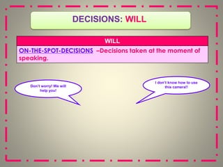 DECISIONS: WILL
WILL
ON-THE-SPOT-DECISIONS –Decisions taken at the moment of
speaking.
I don’t know how to use
this camera!!
Don’t worry! We will
help you!
 