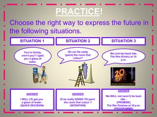 PRACTICE!
Choose the right way to express the future in
the following situations.
SITUATION 1 SITUATION 2 SITUATION 3
You’re thirsty,
aren’t you? I (get)
you a glass of
water.
Oh no! He really
(paint) the room that
colour?
ANSWER
I WILL (’ll) get you
a glass of water .
(QUICK DECISION)
ANSWER
IS he really GOING TO paint
the room that colour ?
(INTENTION)
ANSWER
We WILL not (won’t) be back
late .
(PROMISE)
The film finishes at 10 p.m.
(PROGRAMME)
We (not be) back late.
The film (finish) at 10
p.m.
 