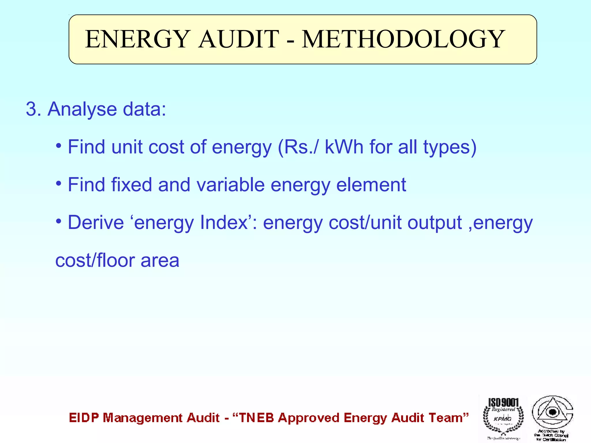 ENERGY AUDIT - METHODOLOGY
3. Analyse data:
• Find unit cost of energy (Rs./ kWh for all types)
• Find fixed and variable energy element
• Derive ‘energy Index’: energy cost/unit output ,energy
cost/floor area

 