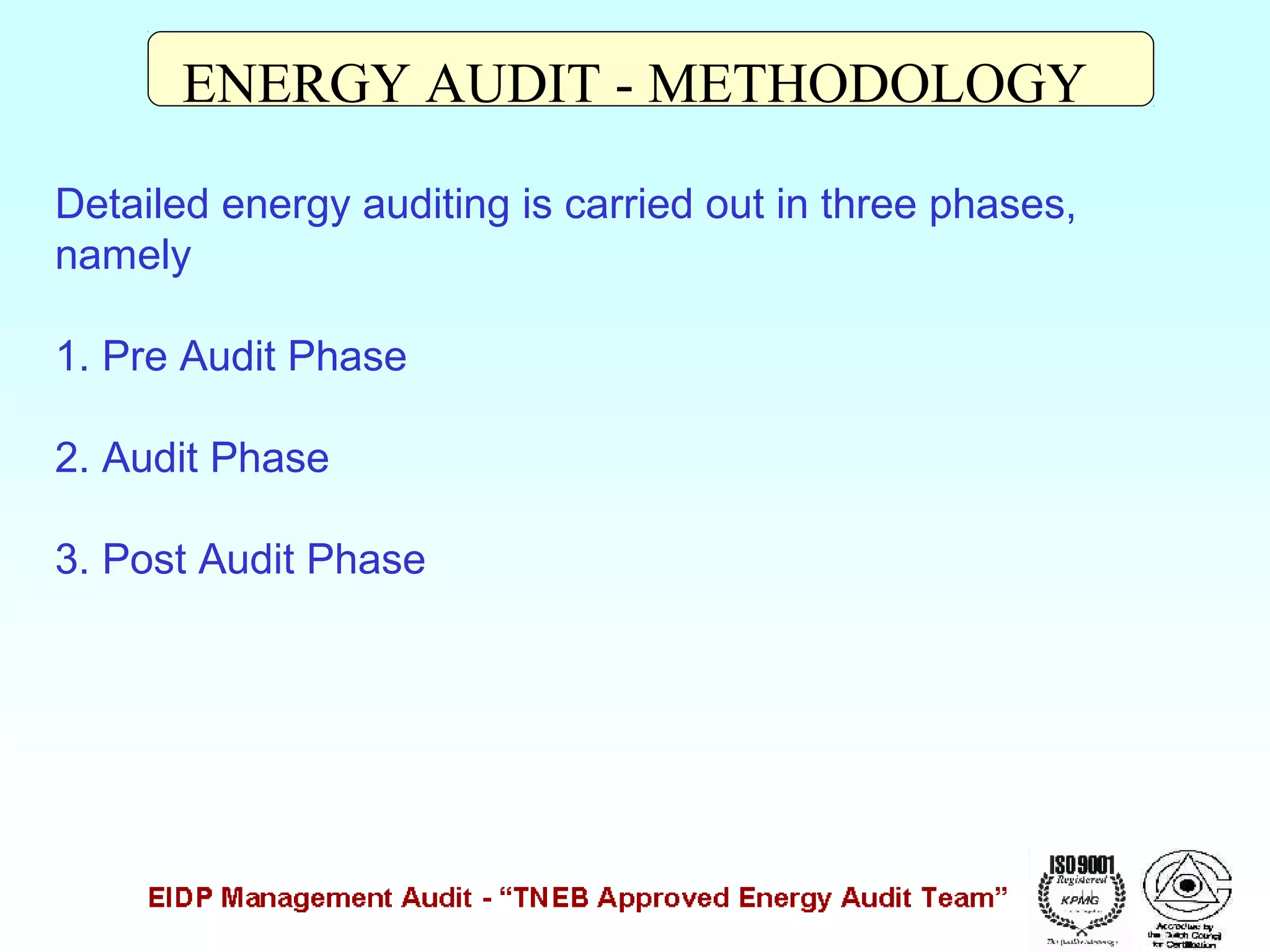 ENERGY AUDIT - METHODOLOGY
Detailed energy auditing is carried out in three phases,
namely
1. Pre Audit Phase
2. Audit Phase
3. Post Audit Phase

 