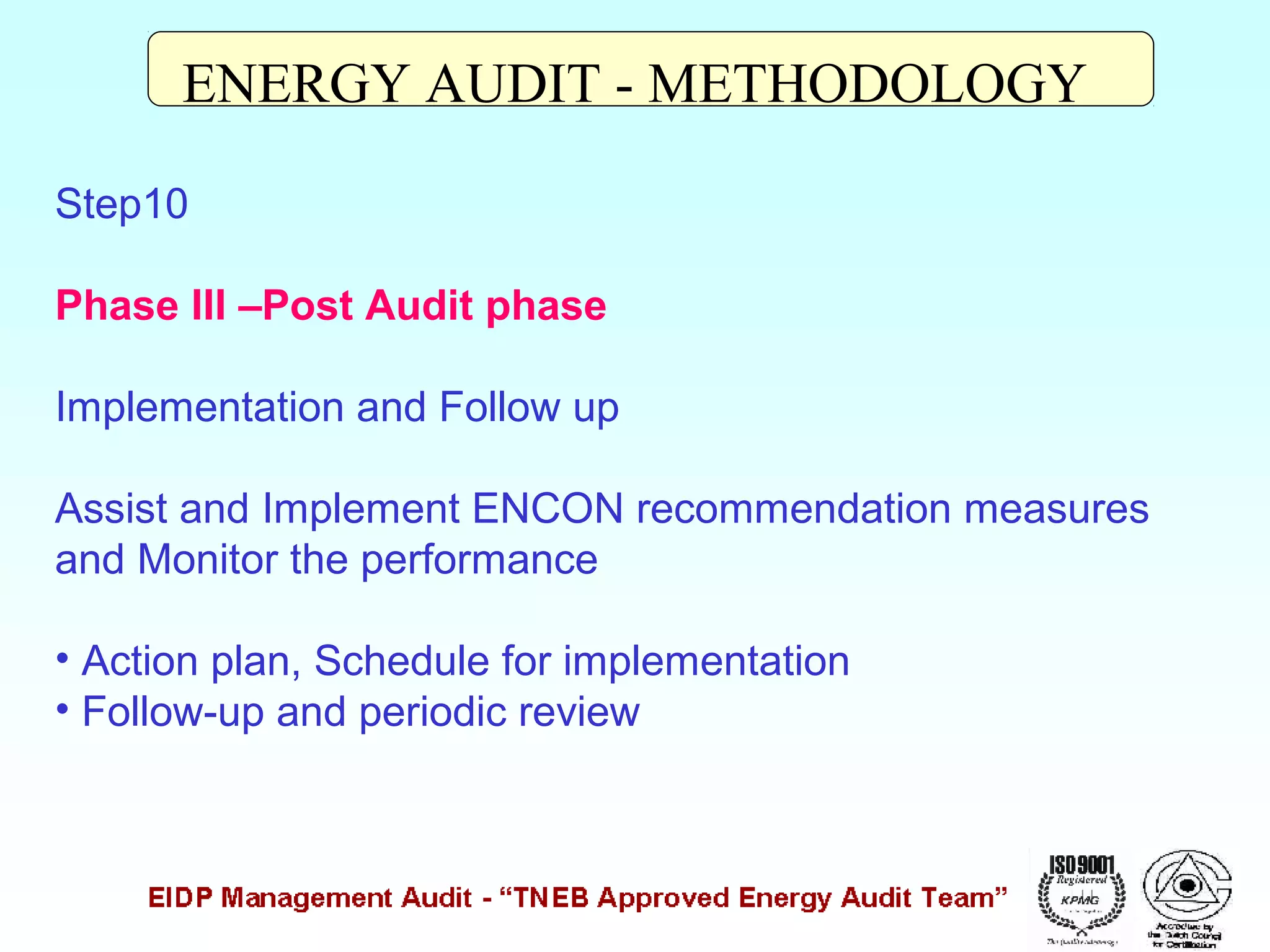 ENERGY AUDIT - METHODOLOGY
Step10
Phase III –Post Audit phase
Implementation and Follow up
Assist and Implement ENCON recommendation measures
and Monitor the performance
• Action plan, Schedule for implementation
• Follow-up and periodic review

 