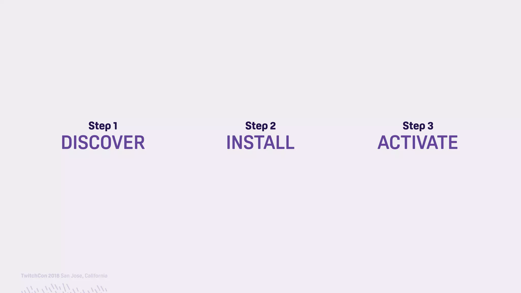 TwitchCon 2018 San Jose, California
Step 1
DISCOVER
Step 3
ACTIVATE
Step 2
INSTALL
 